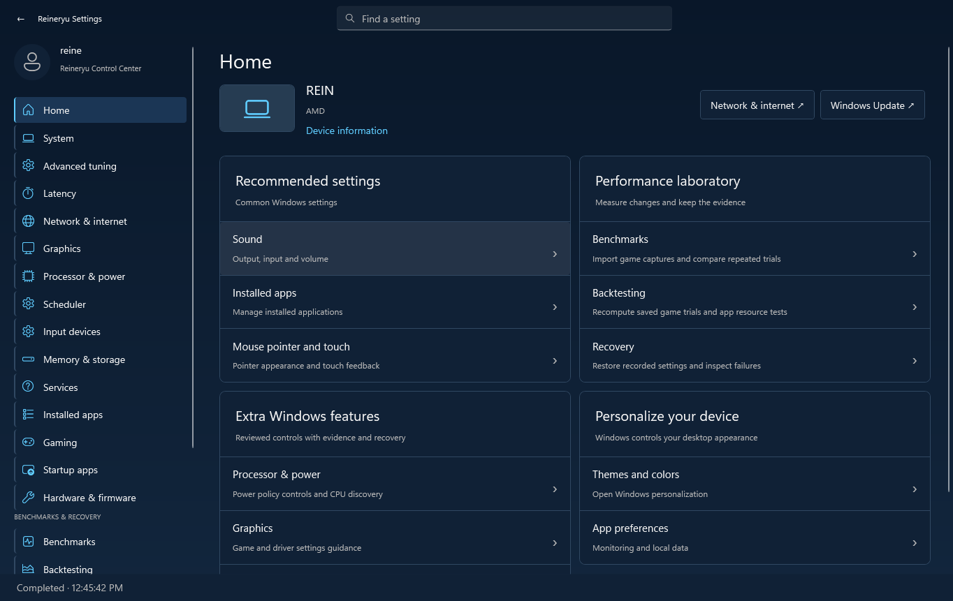 Actual Reineryu Control Center 0.6 with its optional dark-blue theme, Windows-style navigation, recommended settings and performance laboratory